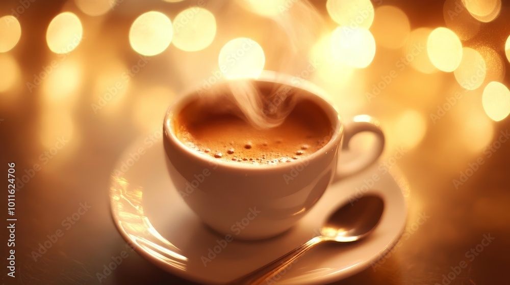 custom made wallpaper toronto digitalA steaming cup of coffee rests on a saucer with a spoon nearby, bathed in soft, warm golden light and bokeh. The dreamy atmosphere makes it perfect for themes like relaxation, comfort, and indulgence
