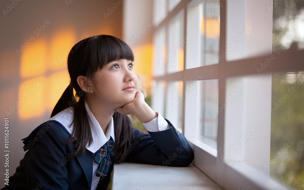A young woman in a school uniform looks out a window, lost in thought.