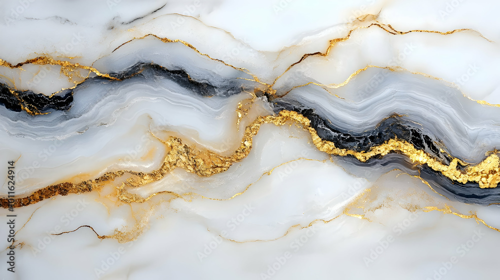 Obraz premium Abstract White Marble Texture with Gold and Black Veins, Swirling and Flowing Design