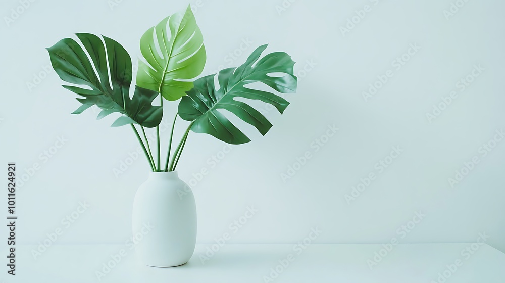 A white vase with green Monstera leaves in front of a light blue background. A white vase with green Monstera leaves in front of a light blue background.