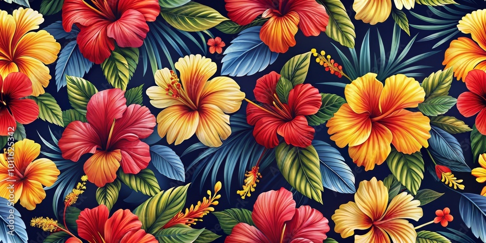 Vibrant Tropical Hibiscus Flowers Seamless Pattern, Digital Illustration, Floral Background, Hawaii, Tropical, Flowers, Hibiscus