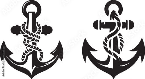 Ship anchor with rope icon vector art illustration Set