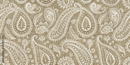 Vintage Paisley Pattern on Brown Linen, Brown, White, Pattern , paisley , pattern , vintage
