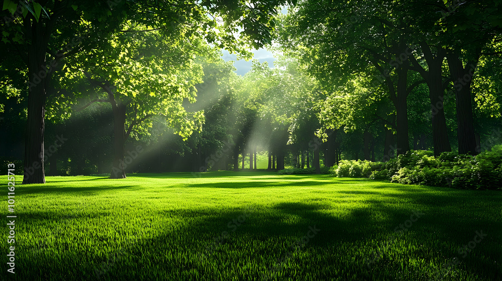 Obraz premium Sunlight filtering through the lush green canopy of a forest, illuminating the verdant grass below, creating a tranquil and serene atmosphere.