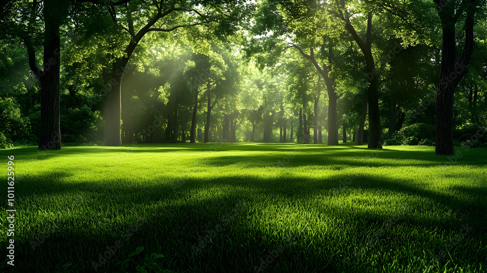 Obraz premium Sunlight Streams Through a Lush Green Forest, Casting Long Shadows on the Grass
