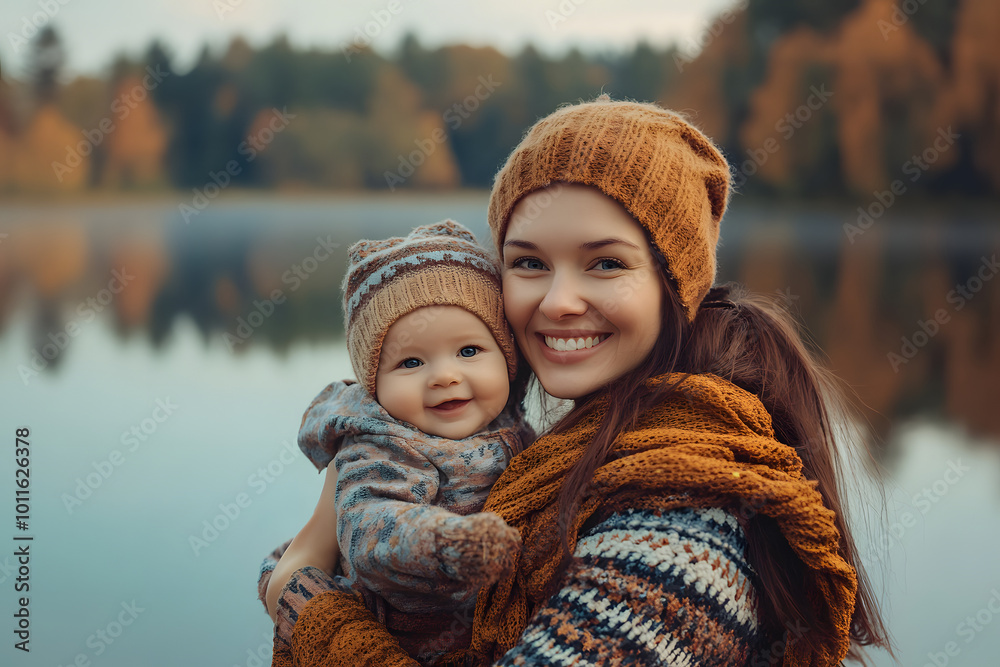 Cozy Autumn Moments: A Mother and Baby Enjoying the Fall Foliage by the Lake Cozy Autumn Moments: A Mother and Baby Enjoying the Fall Foliage by the Lake