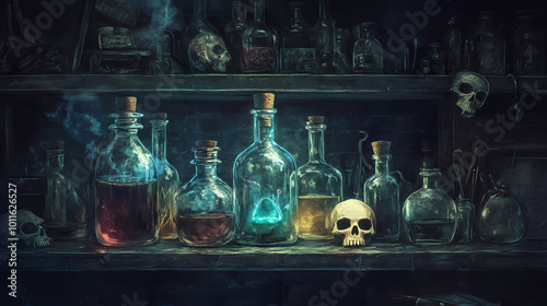 Dark wizard alchemy lab of poison potions in glass bottles, deadly concoctions with skulls, forbidden brews of death, dark liquid death on a shelf. Alchemy Lab. Illustration