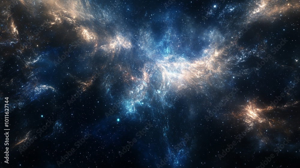 Fototapeta premium A bright nebula glows in deep space, surrounded by countless stars. This cosmic spectacle evokes a sense of awe and wonder, highlighting the beauty of the universe's vastness.. AI Generation