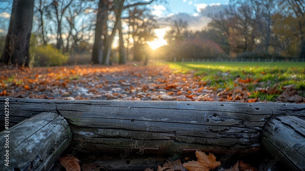 A serene autumn park scene captured during golden hour, featuring a trail covered with fallen leaves, wooden rails, and a breathtaking sunset in the background A serene autumn park scene captured during golden hour, featuring a trail covered with fallen leaves, wooden rails, and a breathtaking sunset in the background