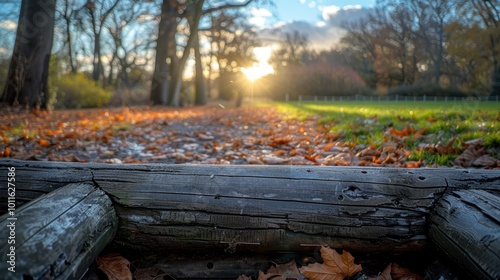 A serene autumn park scene captured during golden hour, featuring a trail covered with fallen leaves, wooden rails, and a breathtaking sunset in the background