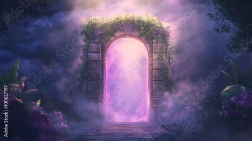 Ancient gate ruins with thick, swirling mist. Bright light, vibrant fantasy colors, playful touch.