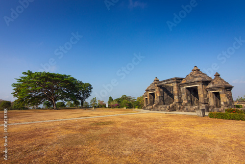 View entrance gate of Ratu Boko temple or called Keraton Ratu Boko at the morning, sky blue photo