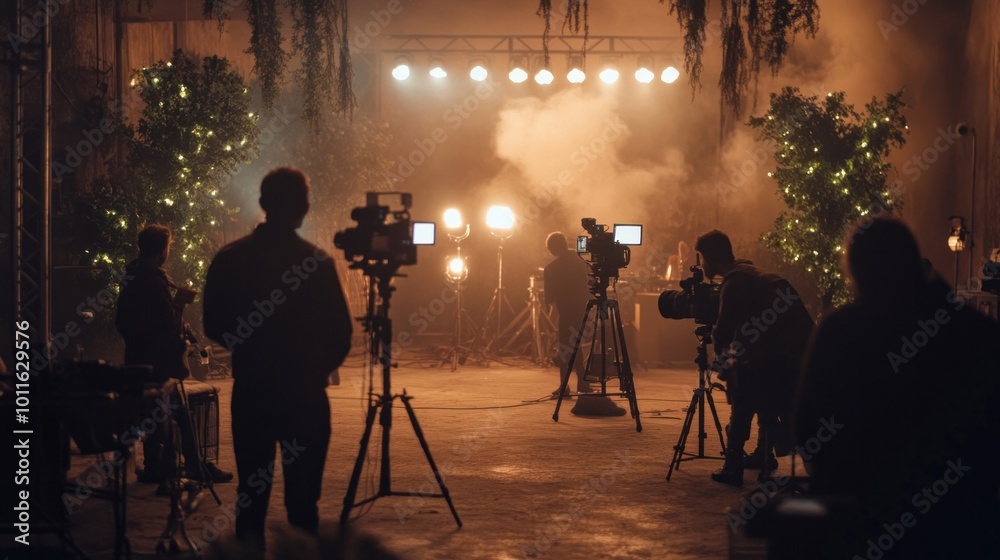 Fototapeta premium Detailed look at video shooting production, showcasing organized chaos and expertise involved.