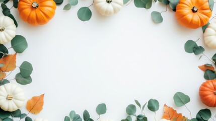 Thanksgiving autumnal autumn fall concept greeting card - Frame border made of autumn orange and white pumpkins and eucalyptus leaves, isolated on white table background, top view.