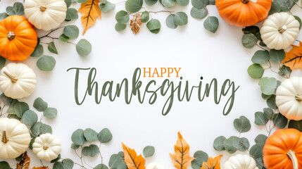 Thanksgiving autumnal autumn fall concept greeting card with text - Frame border made of autumn orange and white pumpkins and eucalyptus leaves, isolated on white table background, top view.