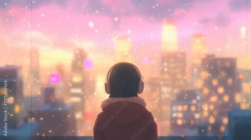 Woman with headphones, lofi anime style, gazing at blurry cityscape, tech graphics.
