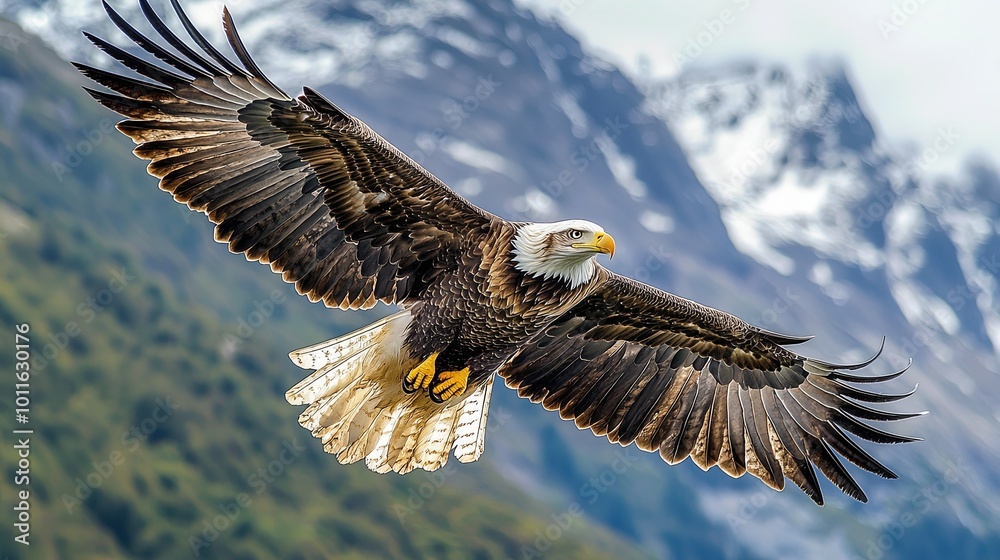 Fototapeta premium Majestic Eagle Soars Over Picturesque Mountain Vista