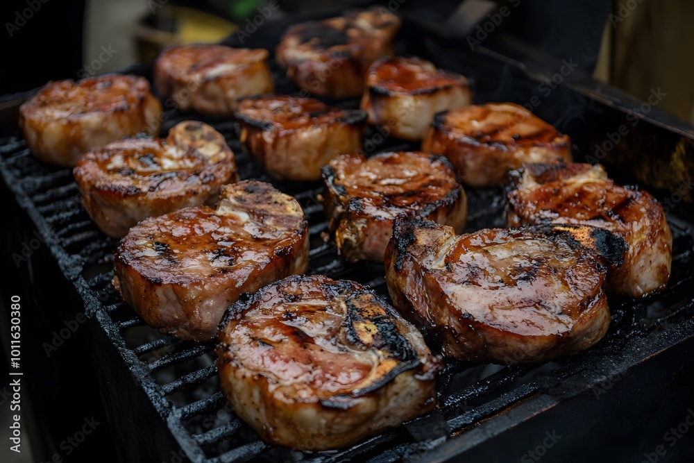 juicy steak of meat on grill, beef and pork cooking on the barbecue outdoor juicy steak of meat on grill, beef and pork cooking on the barbecue outdoor