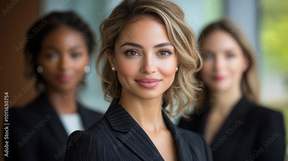 Three professional women in business attire standing together confidently in a modern office setting, embodying leadership and diversity in the workplace Three professional women in business attire standing together confidently in a modern office setting, embodying leadership and diversity in the workplace