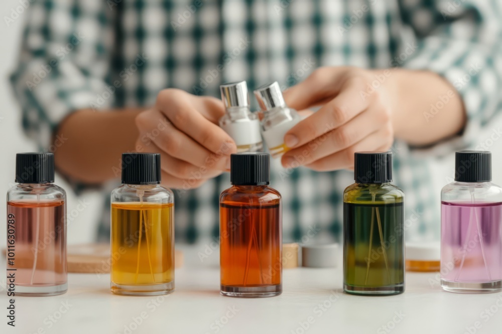 Hands Arranging a Variety of Colorful Essential Oil Bottles on a White Table for Aromatherapy and Wellness Hands Arranging a Variety of Colorful Essential Oil Bottles on a White Table for Aromatherapy and Wellness