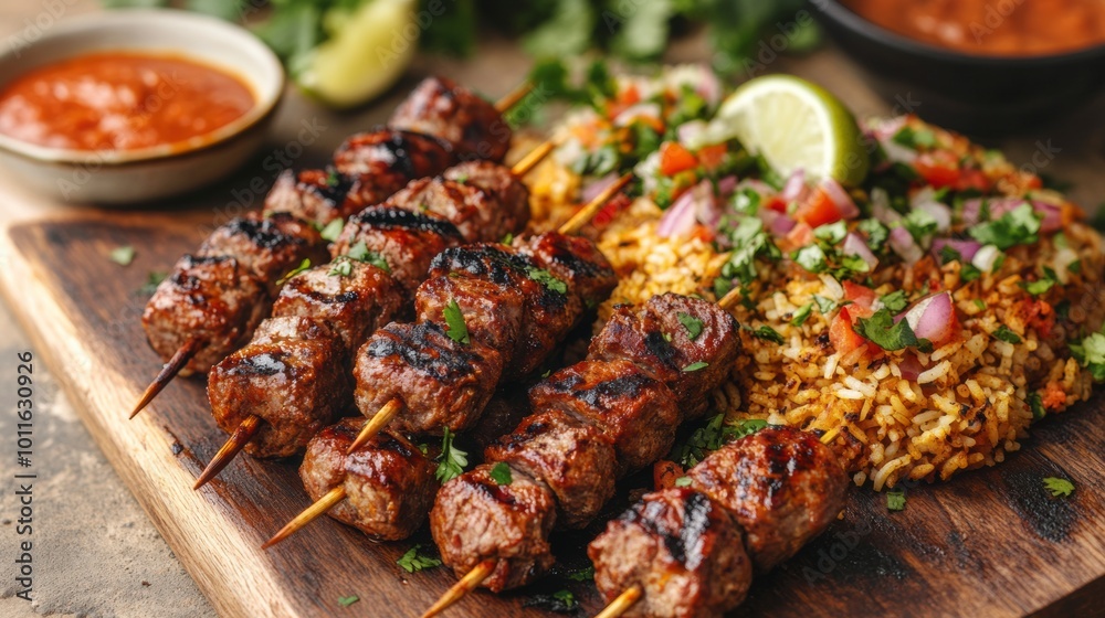 Delicious skewers with rice and sauces on wooden board, fresh ingredients. Delicious skewers with rice and sauces on wooden board, fresh ingredients.