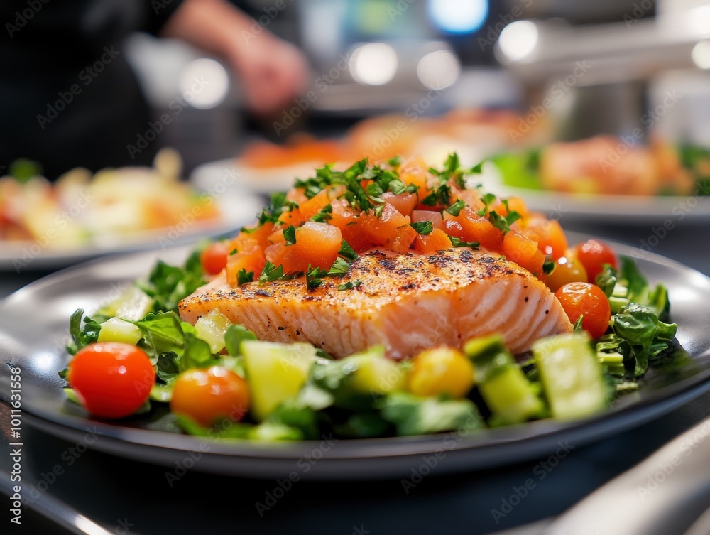 Grilled salmon fillet on a bed of fresh vegetables and herbs. Grilled salmon fillet on a bed of fresh vegetables and herbs.