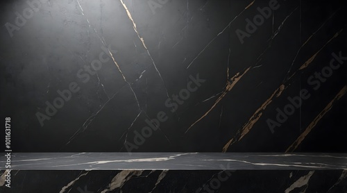 A stunning black marble counter featuring gold veins, showcased in a sophisticated 3D studio with a dark marble backdrop.