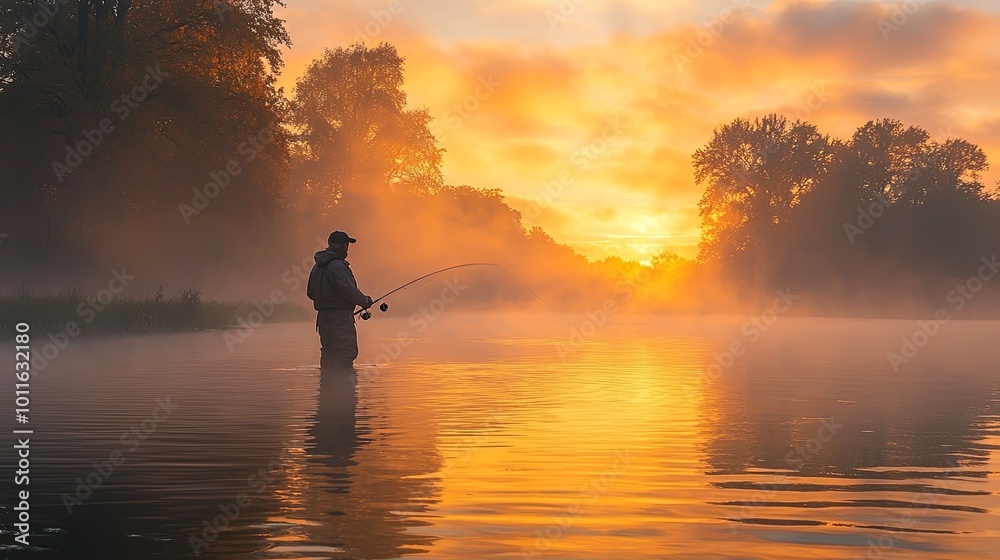 Fototapeta premium Tranquil Fisherman at Dawn by the River