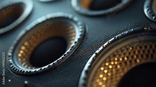 A close-up of a speakerâ€™s bass drivers, showing intricate details and emphasizing the power of the sound system