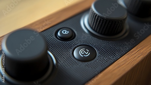 A close-up of a speakerâ€™s control buttons, showing the power, volume, and connectivity options in detail