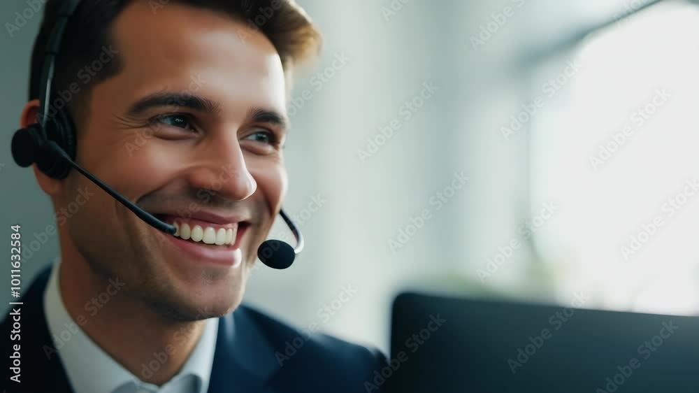 Smiling customer service representative wearing headset in modern office Smiling customer service representative wearing headset in modern office