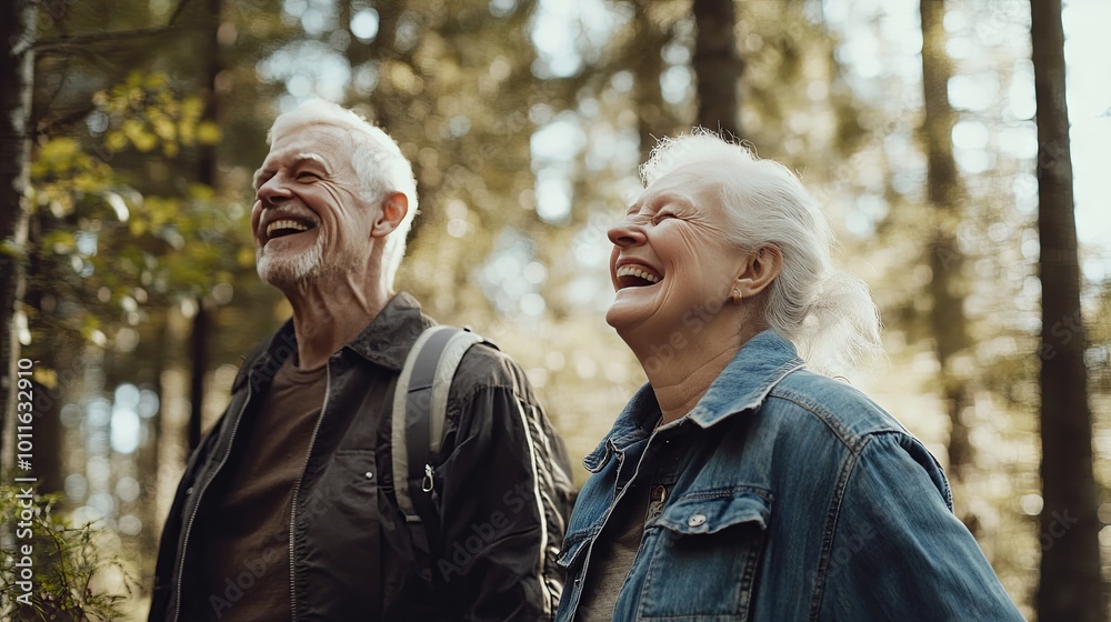 Man portrait, joyful older couple enjoying time in a forest, elderly woman walking and laughing, nature around them, sunny day. Man portrait, joyful older couple enjoying time in a forest, elderly woman walking and laughing, nature around them, sunny day.