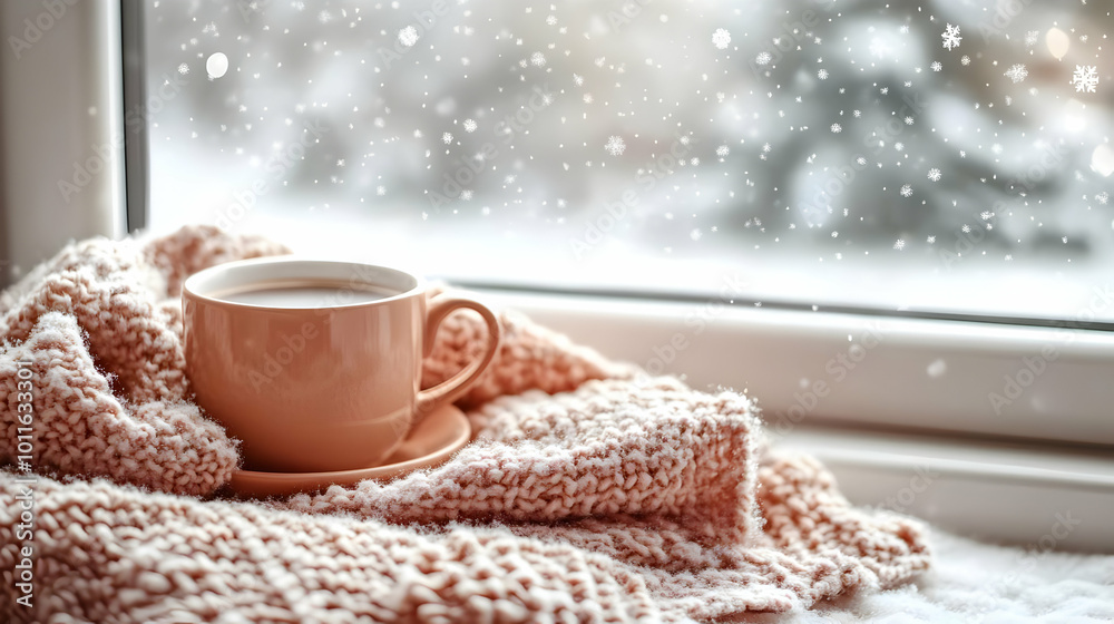 custom made wallpaper toronto digitalA Cozy Cup of Warm Drink Nestled in a Knit Blanket by the Window with Snow Falling Outside