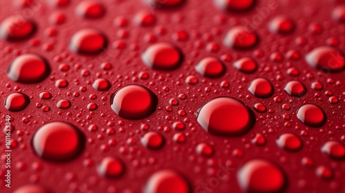 Vibrant Red Water Droplets on Surface - Macro Photography Highlighting Texture and Gloss