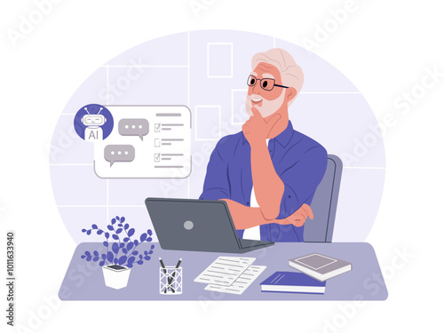 AI technology concept. Person uses artificial intelligence to solve business problems. Search, writing and content generation using a chat bot. Vector flat illustration