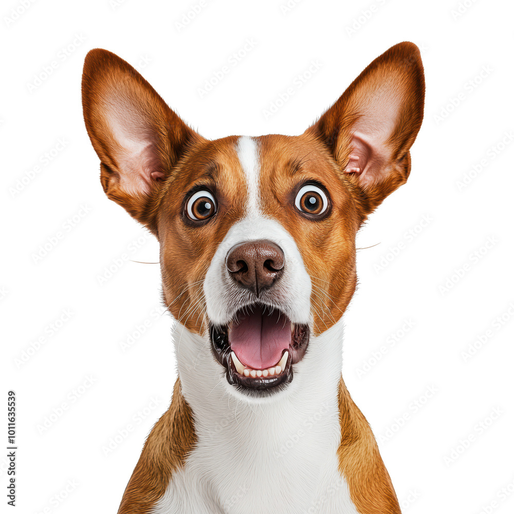 A surprised dog with wide eyes and an open mouth, showcasing an expression of shock or excitement, set against a white isolate background. A surprised dog with wide eyes and an open mouth, showcasing an expression of shock or excitement, set against a white isolate background.