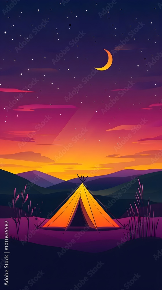 Minimalist vector art of the setting sun and moon, simple shapes, simple lines, low detail, low resolution, purple-pink-orange gradient background with tents in the foreground