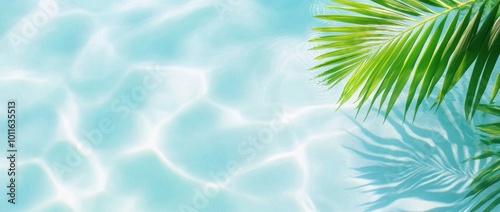 A serene scene featuring clear blue water with gentle ripples, complemented by lush green palm leaves.