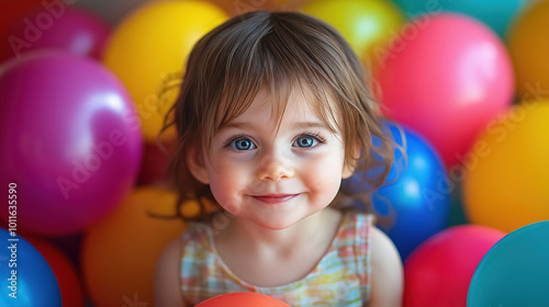 Smiling little girl with bright blue eyes is surrounded by vibrant, colorful balloons, capturing a moment of joy and childhood innocence.