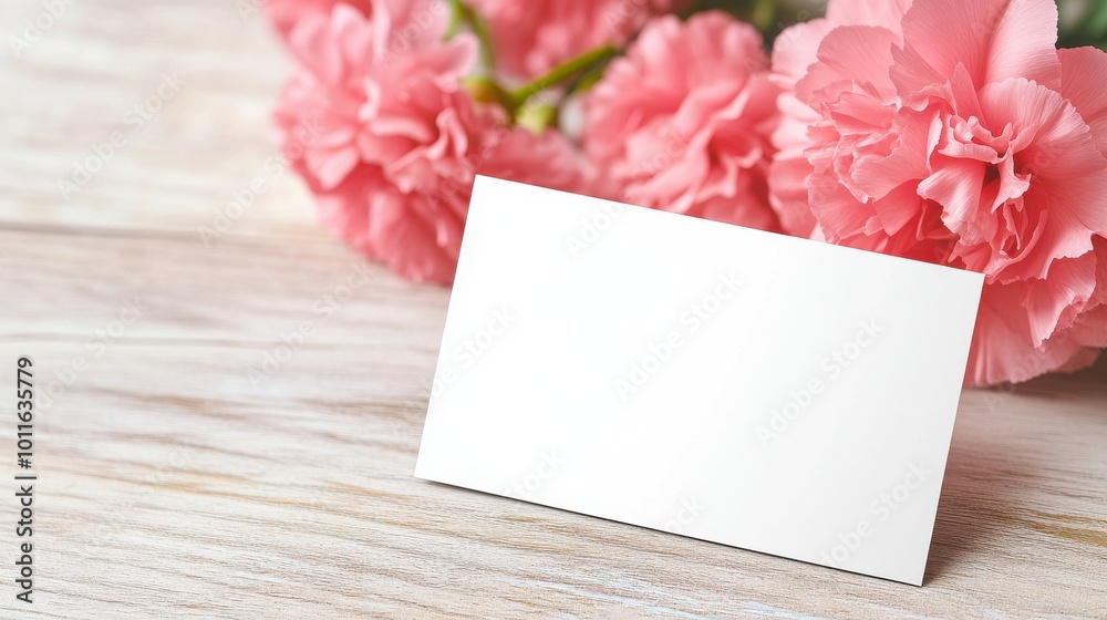 Obraz premium A blank card rests on a wooden surface, adorned by delicate pink carnations, suggesting a creative or personal message opportunity.