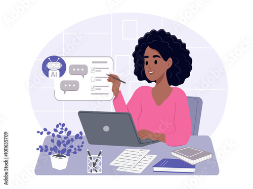 AI technology concept. . Person uses artificial intelligence. Search, writing and content generation using a chat bot. Vector flat illustration