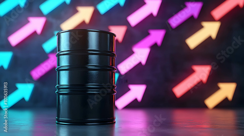 oil barrel with a backdrop of multi-colored arrows pointing up or upward, indicating rising oil prices and demand. photo