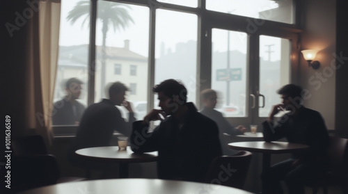 Meeting after work in a retro cafe with large windows and an autumn landscape behind them