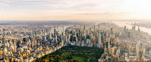 Buildings and Central Park view in New York City. Cityscape concept. Copy space for text
