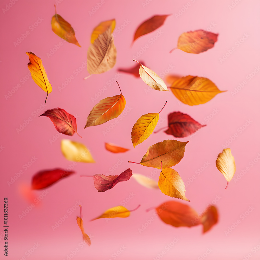 Colorful falling autumn leaves on a pink background, creating a vibrant seasonal atmosphere Colorful falling autumn leaves on a pink background, creating a vibrant seasonal atmosphere