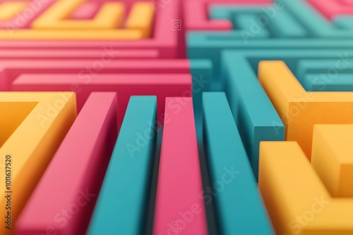 A vibrant, abstract maze design featuring bold colors of pink, yellow, and teal, showcasing a playful and modern aesthetic. photo