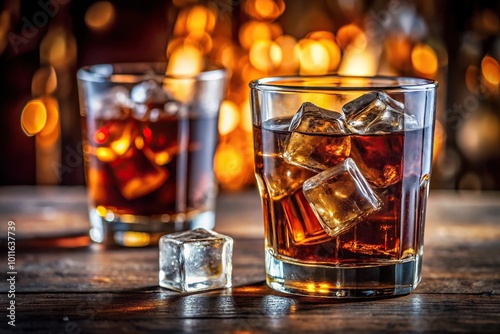 Glass of cola and whiskey with ice on table with smoke, selective focus close-up