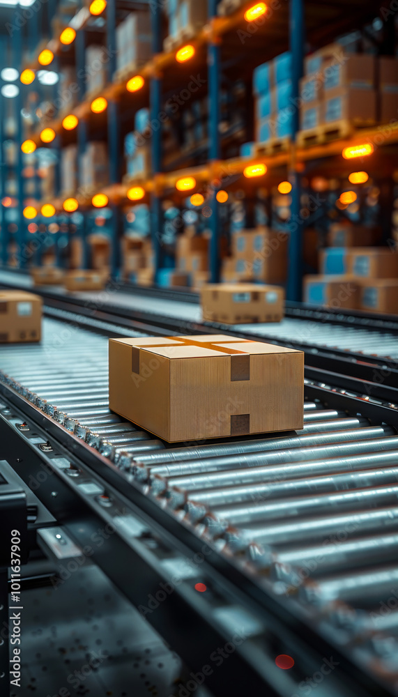 Packages on conveyor in busy hub. A conveyor belt moves boxes efficiently in a bustling distribution center filled with organized shelves and bright lights. Packages on conveyor in busy hub. A conveyor belt moves boxes efficiently in a bustling distribution center filled with organized shelves and bright lights.