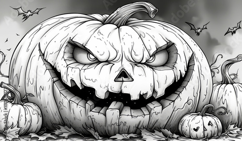 Halloween pumpkin with eerie expression and bats. A large, sinister-looking pumpkin with a mischievous grin sits among smaller pumpkins and autumn leaves, under a cloudy sky. photo