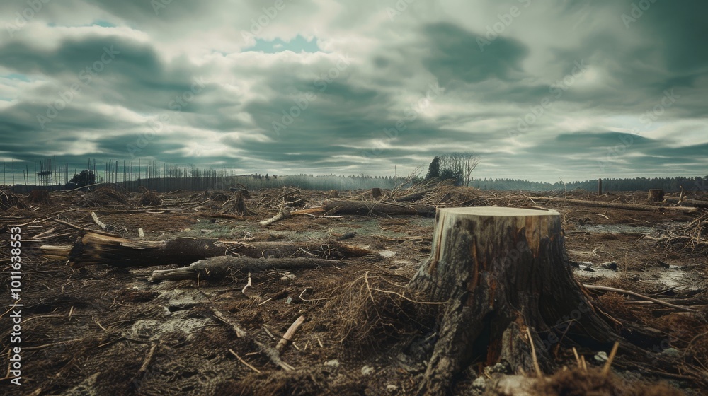 An empty, deforested expanse set under an ominous sky, with a few solitary trees standing amidst dried stumps and debris, evoking a sense of abandonment. An empty, deforested expanse set under an ominous sky, with a few solitary trees standing amidst dried stumps and debris, evoking a sense of abandonment.